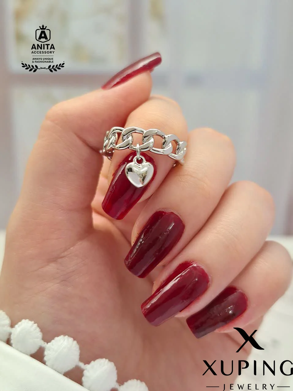 انگشتر قلب آویز نقره‌ای برند ژوپینگ مدل زنجیری.