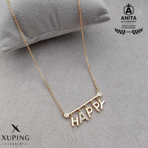 پلاک زنجیر HAPPY نگین دار ژوپینگ | رنگ ثابت | ضد حساسیت | نگین مخراجکاری شده | شیک و خاص | برند معتبر ژوپینگ