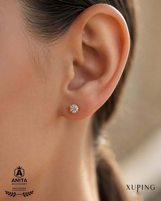 گوشواره تک نگین میخی ژوپینگ | رنگ ثابت | نگین مخراجکاری شده | شیک و اسپرت | برند معتبر ژوپینگ